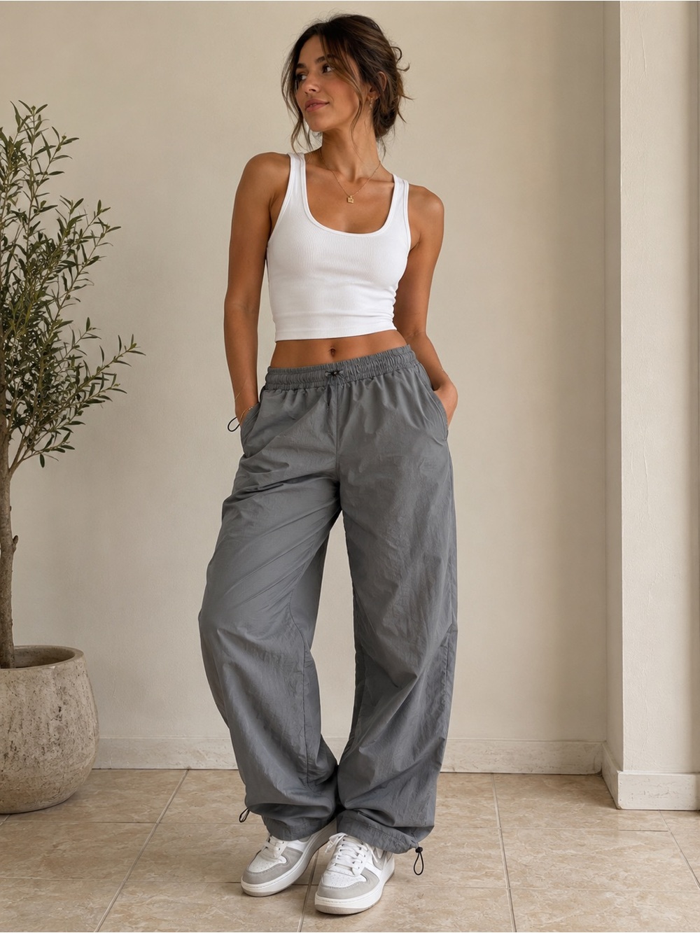 Zara Gray Wide-Leg Drawstring Track Pants